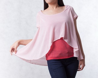 NO.165 Women's Scoop Neck Short Sleeves Double Layer Top in Light Old Rose and Rose