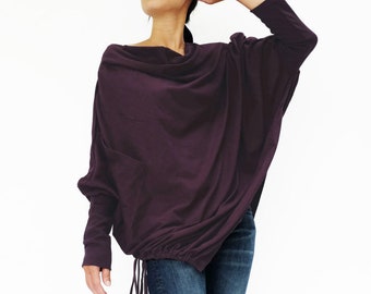 NO.59 Women's Cowl Neck Batwing Long Sleeve Asymmetrical Hem Sweater, Minimalist Clothing, Trendy Sweater Pullover in Plum