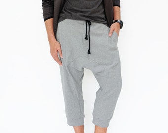 NO.191 Herren Jogginghose mit tiefem Schritt, Harems-Joggerhose, Urban Fashion Hose in Heather Grey