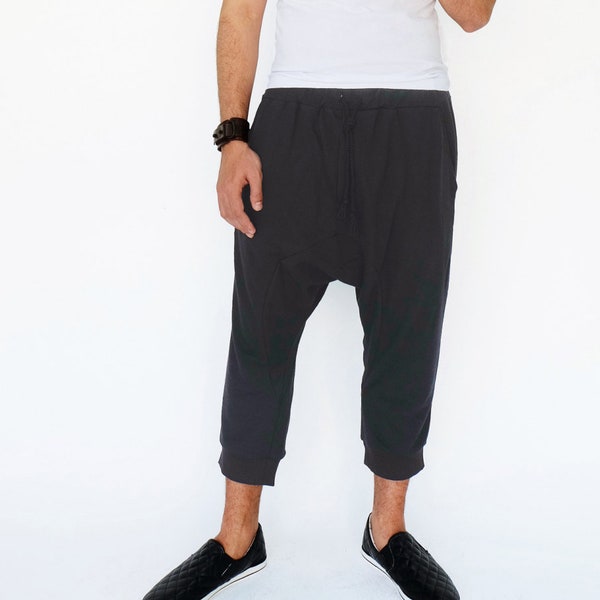 NO.191 Men's Cropped Drop Crotch Sweatpants, Harem Jogger Pants, Urban Fashion Pants in Black