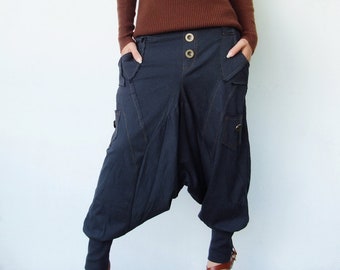 NO.95 Women's Harem Pants with Pockets, Trendy Drop Crotch Joggers, Unisex Urban Pants, Low Crotch Pants in Blue