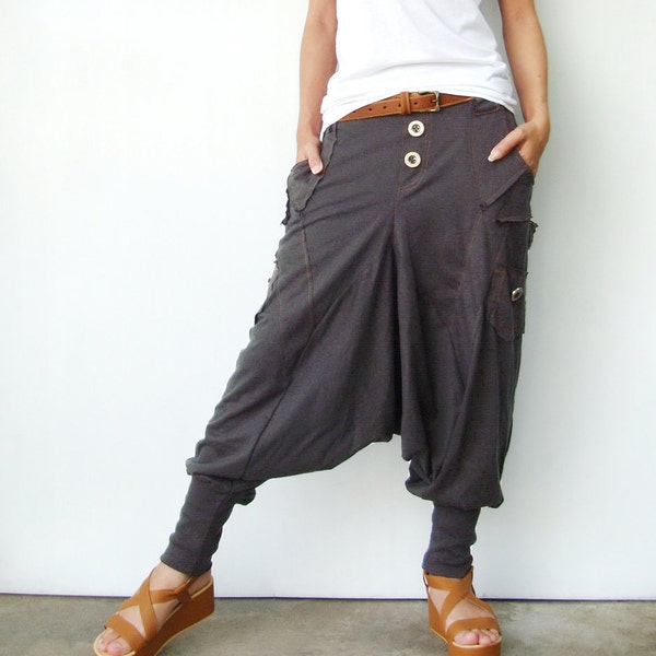 NO.95 Women's Harem Pants with Pockets, Trendy Drop Crotch Joggers, Casual Pull-On Sweatpants, Unisex Pants in Charcoal