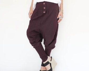 NO.64 Women's Button Front Detail Drop Crotch Harem Pants, Low Crotch Trousers, Casual Jogger Pants in Plum