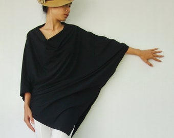 NO.63 Women's Cowl Neck Short Sleeve Top, Minimalist Clothing, Loose Asymmetrical Shirt in Black
