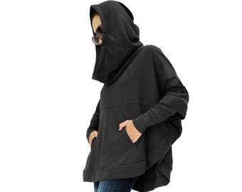 NO.176 Women's Dolman Sleeve Hoodie Sweater, Aesthetic Hoodie in Black