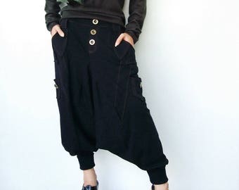 NO.95 Women's Harem Pants with Pockets, Trendy Drop Crotch Joggers, Casual Pull-On Sweatpants, Unisex Pants in Black