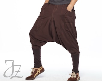 NO.95 Men's Unique Pockets Harem Pants, Trendy Drop Crotch Joggers, Casual Pull-On Sweatpants, Unisex Pants in Brown