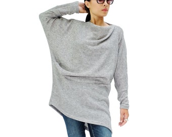 NO.182 Women's Cowl Neck Long Sleeve Knit Sweater in Heather Gray