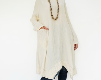NO.201 Women's Long Sleeves Stitch Detail Tunic Dress, Casual Minimalist Dress, Natural Fiber Flexible Cotton in Cream