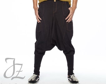 NO.95 Men's Unique Pockets Harem Pants, Trendy Drop Crotch Joggers, Casual Pull-On Sweatpants, Unisex Pants in Black