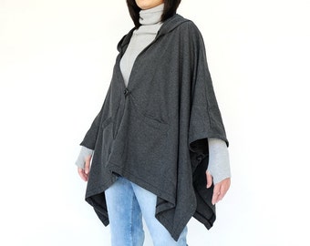 NO.163 Women's Button Front Hooded Poncho, Comfy Versatile Cape in Mottled Gray