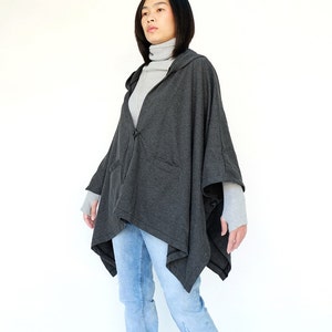 NO.163 Women's Button Front Hooded Poncho, Comfy Versatile Cape in Mottled Gray image 1