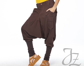 NO.95 Damen Haremshose mit Taschen, Trendy Drop Crotch Jogger, Lässige Pull-On Jogginghose, Unisex Hose in Braun