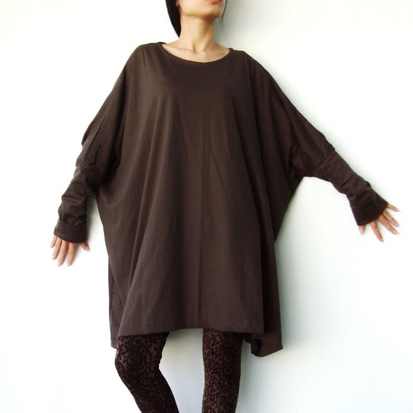 NO.62 Women's Scoop Neck Long Sleeve Tunic Top, Loose Fit Tshirt in Brown