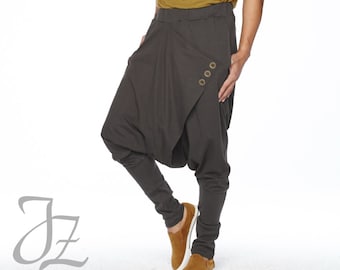 NO.167 Men's Button Detail Drop Crotch Harem Pants, Cross Front Trousers, Unisex Pants in Charcoal