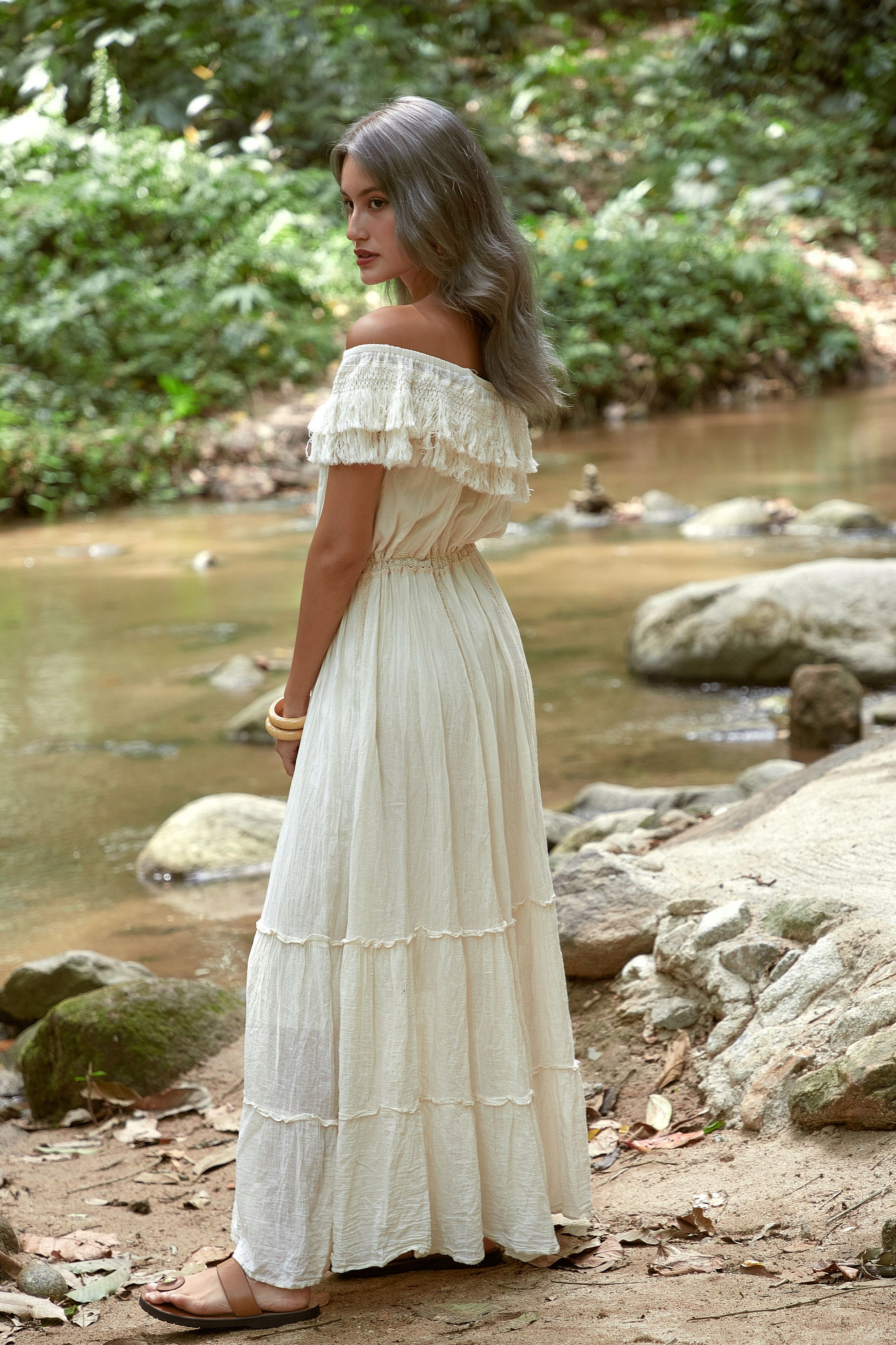 Vestiti Positano Abito Da Sposa Boho, Abito Bianco Con Spalle Scoperte, Abito Lungo In Cotone  Grezzo, Abito Da Sposa Boho, Abito Da Damigella Italia main image 1