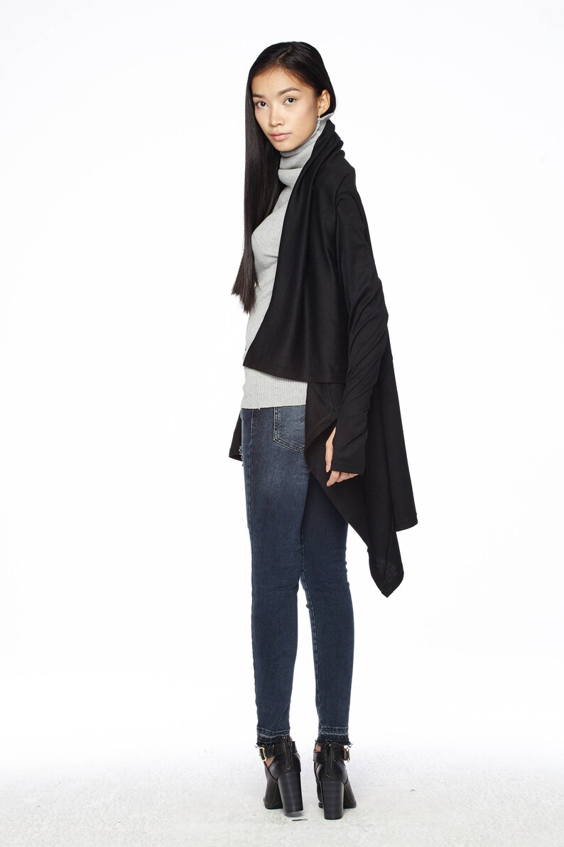 Women\u2019s Cardigan Wrap Top NO.61 Black Cotton-Blend Jersey Versatility Cardigan