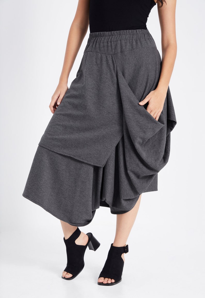 NO.187 Women's Taxidermy Asymmetric Skirt/Pants, Casual Wide Leg Trousers, Cropped Pants/Skirt in Mottled Gray image 2