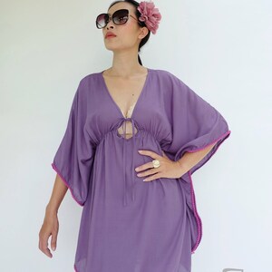 NO.216 Women’s V Neck Pom Pom Trim Kaftan Top, Cover Up Caftan Tunic, Beachwear Caftan in Purple