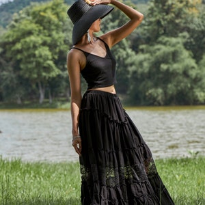 NEWNO.317 Women's Tiered Lace Insert Maxi Skirt, Boho Peasant Long Skirt, Cotton Maxi Skirt in Black image 5