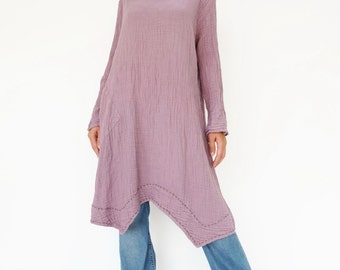 NO.201 Women's Long Sleeves Stitch Detail Tunic Dress, Casual Minimalist Dress, Natural Fiber Flexible Cotton in Lilac