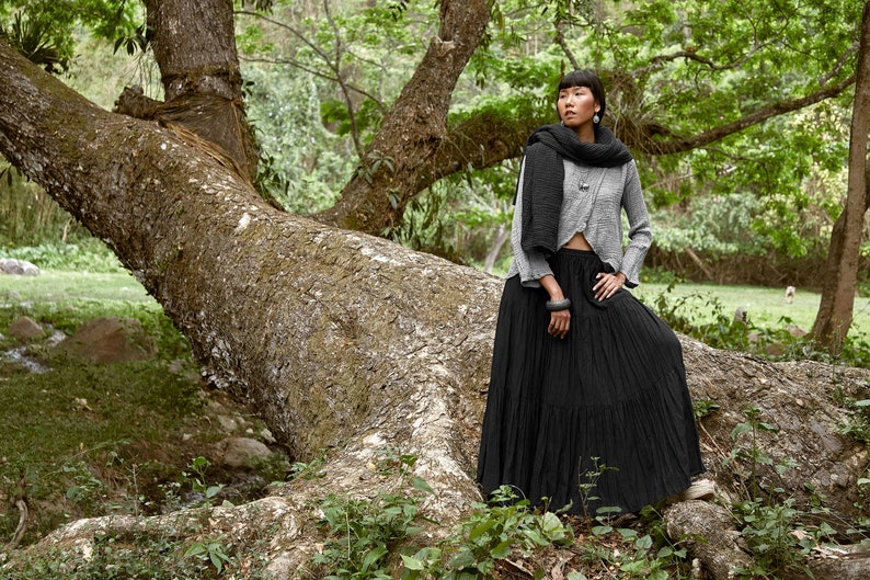 NO.5 Women's Hippie Gypsy Boho Tiered Peasant Long Maxi Skirt in Black zdjęcie 9