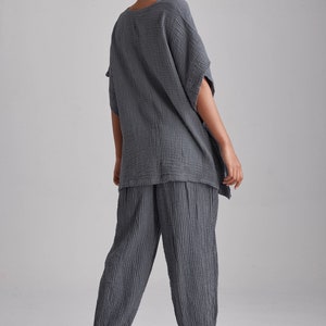 NO.266 Women's Striped Ankle Pants, Casual Cotton Relaxed Pants in Bluish Gray image 9