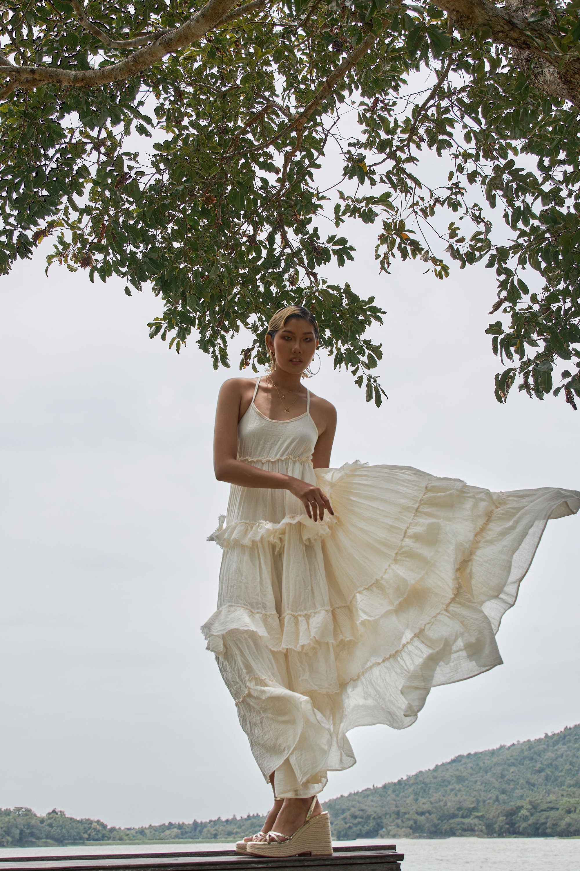 NEW---NO.325 Women's Spaghetti Strap Tiered Ruffle Maxi Dress, Flowy Summer Beach Long Dress, Boho Chic Cotton Maxi Dress in Cream