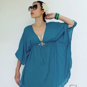 NO.216 Women’s V Neck Pom Pom Trim Kaftan Top, Cover Up Caftan Tunic, Beachwear Caftan in Turquoise