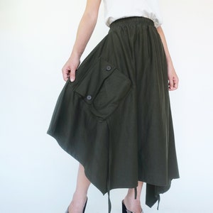 NO.252 Women&#39;s Extravagant Asymmetrical Skirt, Drawstring-Detail A-Line Skirt in Olive