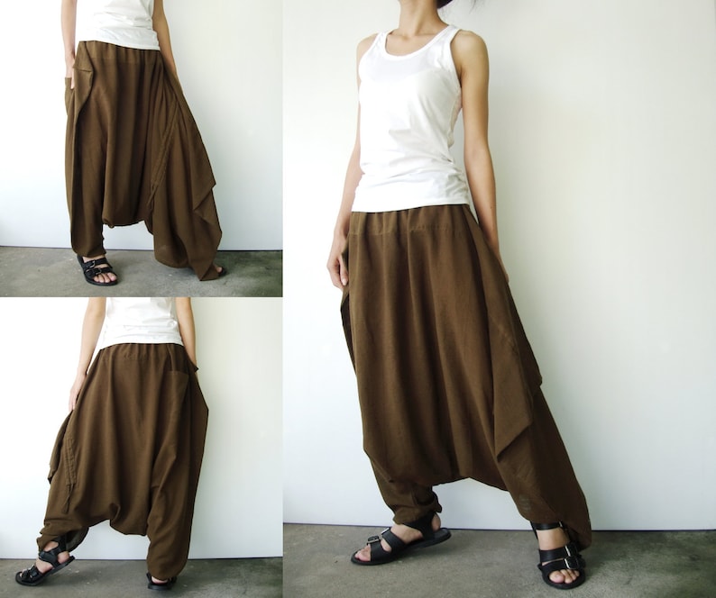NO.26 Greenish Brown Cotton Asymmetric Harem Pants Women Low | Etsy