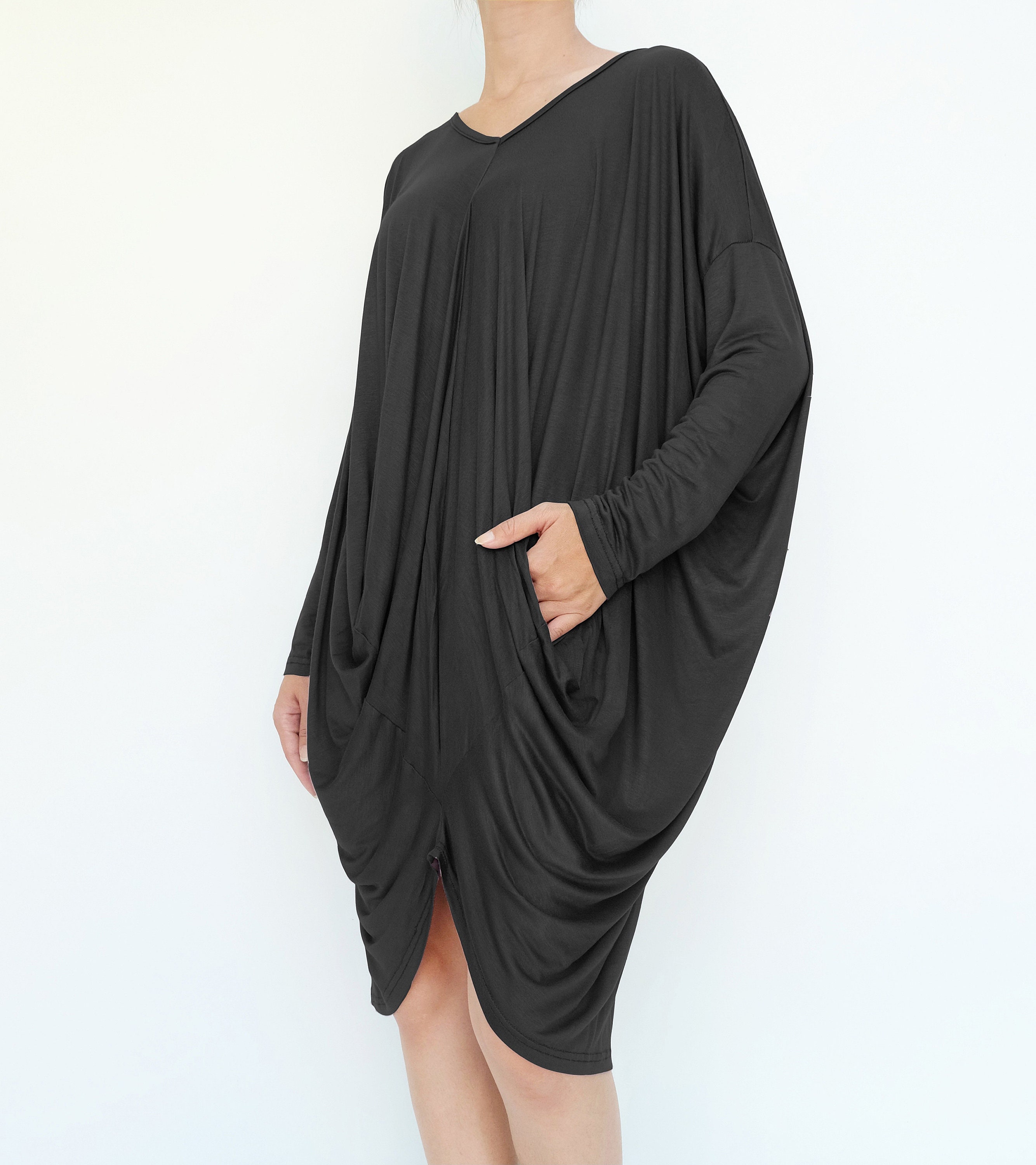 NO.259 Women's Long Sleeve Drape Front Dress, Loose Casual