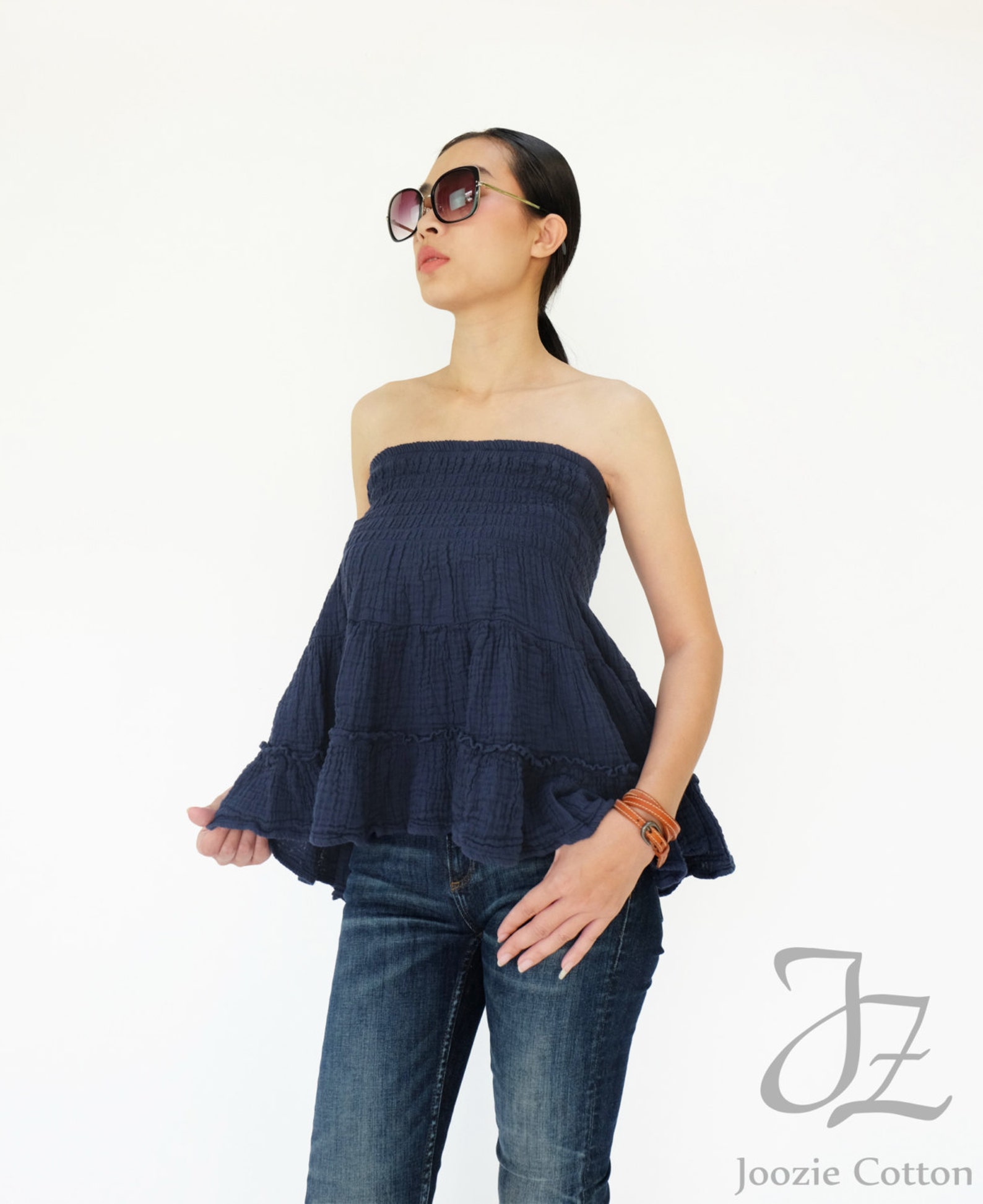NO.202 Dark Blue Double Cotton Gauze Ruffle Tube Top Ruffle Etsy