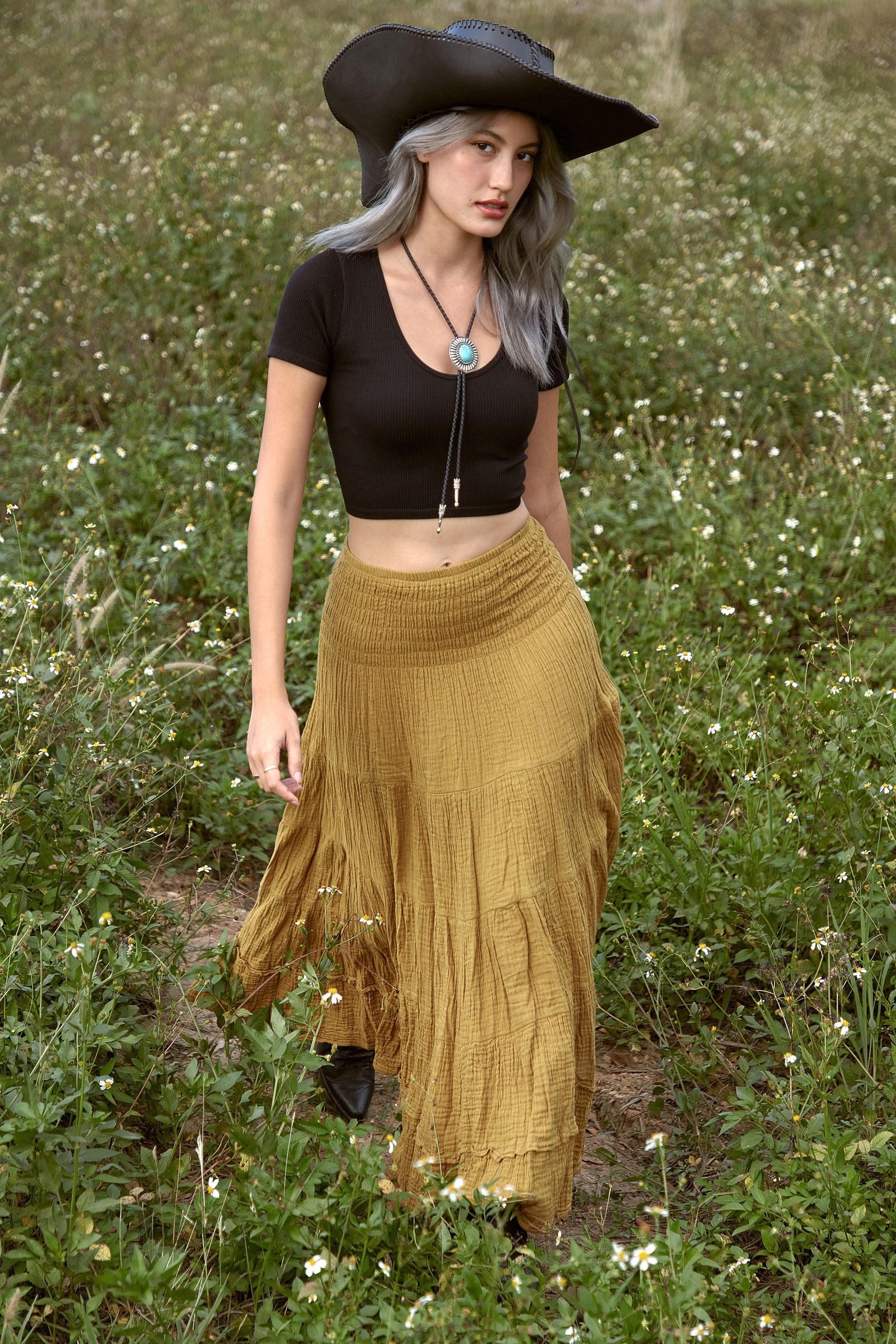NO.305 Women's Smocked Waist Maxi Skirt, Tiered Peasant Maxi