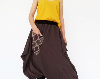 N.° 206 Pantalones harén con bolsillos y estampado étnico para mujer, pantalones ninja extravagantes, pantalones harén con tiro caído en marrón