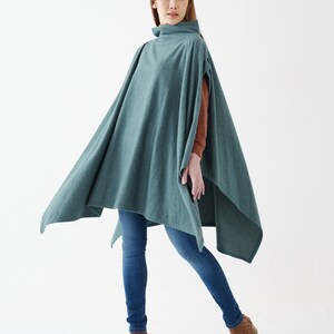 NO.279 Womens Stand Collar Poncho Sweater, Extravagant Asymmetric Poncho Fall Winter, Poncho in Heather Teal image 2