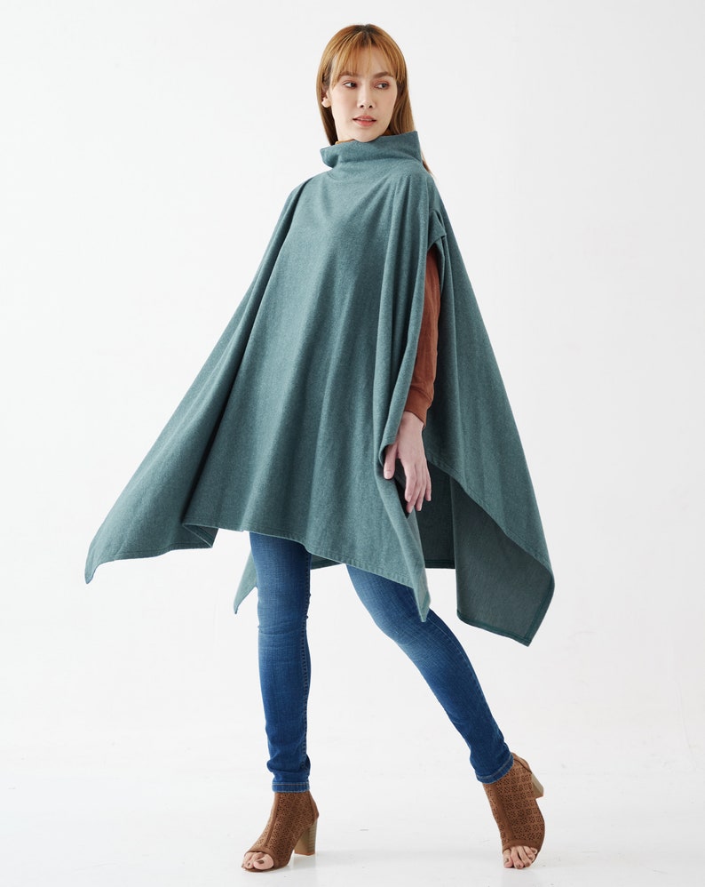 NO.279 Womens Stand Collar Poncho Sweater, Extravagant Asymmetric Poncho Fall Winter, Poncho in Heather Teal image 2