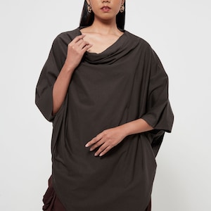 NO.63 Women's Cowl Neck Short Sleeve Top, Minimalist Clothing, Loose Asymmetrical Shirt in Charcoal image 5