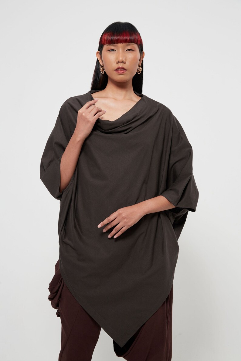 NO.63 Women's Cowl Neck Short Sleeve Top, Minimalist Clothing, Loose Asymmetrical Shirt in Charcoal image 5