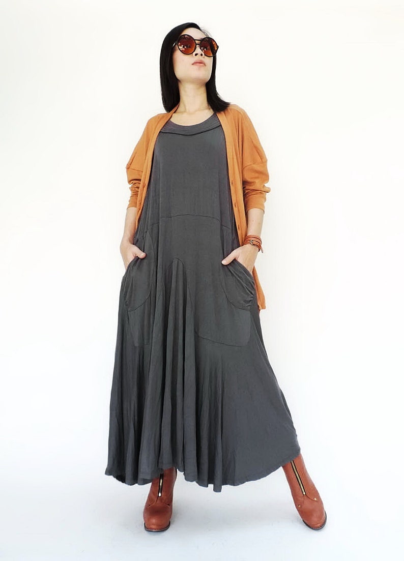 NO.129 Women's Softly Softly Sleeveless Maxi Dress, Sleeveless Swing Long Dress in Gray image 1