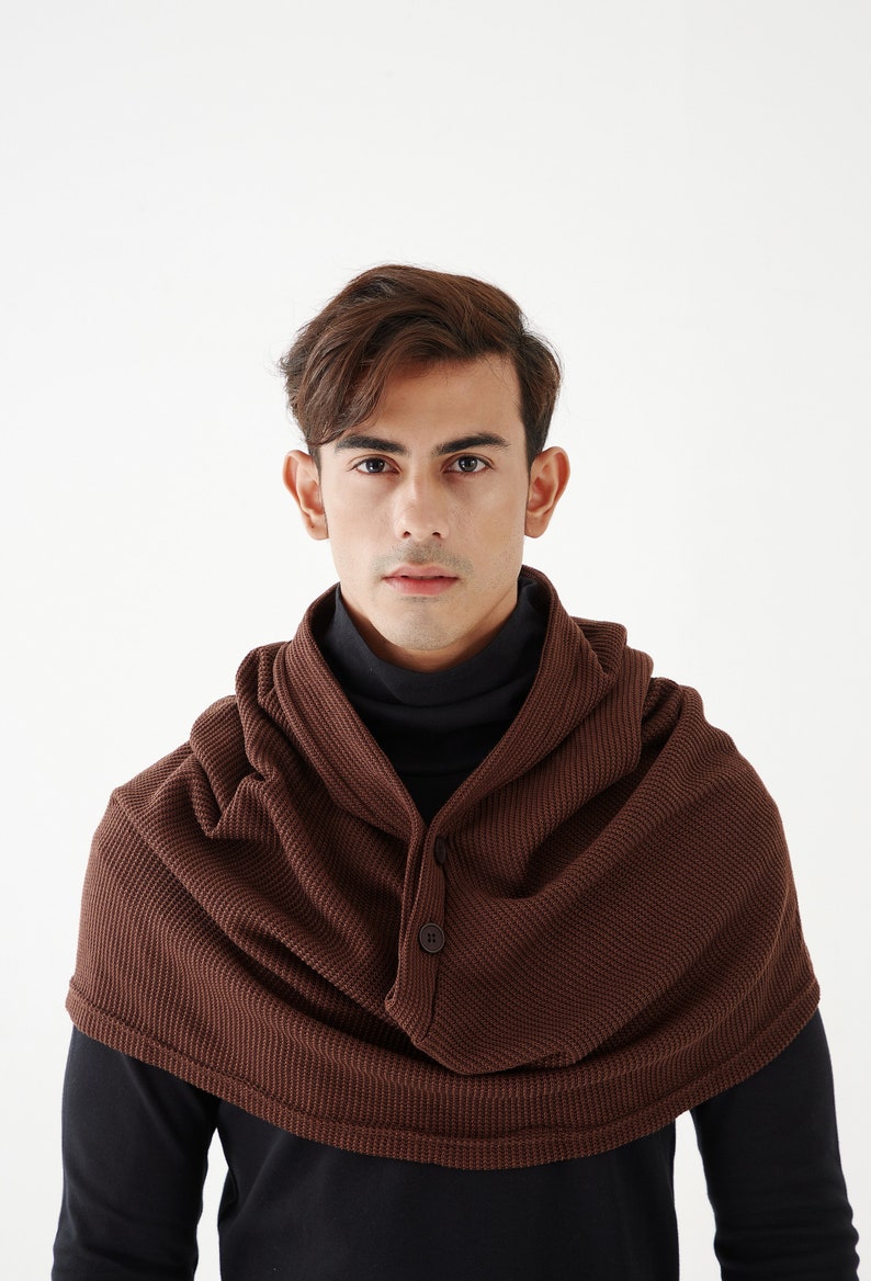 NO.97 Men's Hoodie Scarf, Hooded Cowl Buttons, Hooded Neck Warmer, Unisex Hoody Scarf in Brown image 4