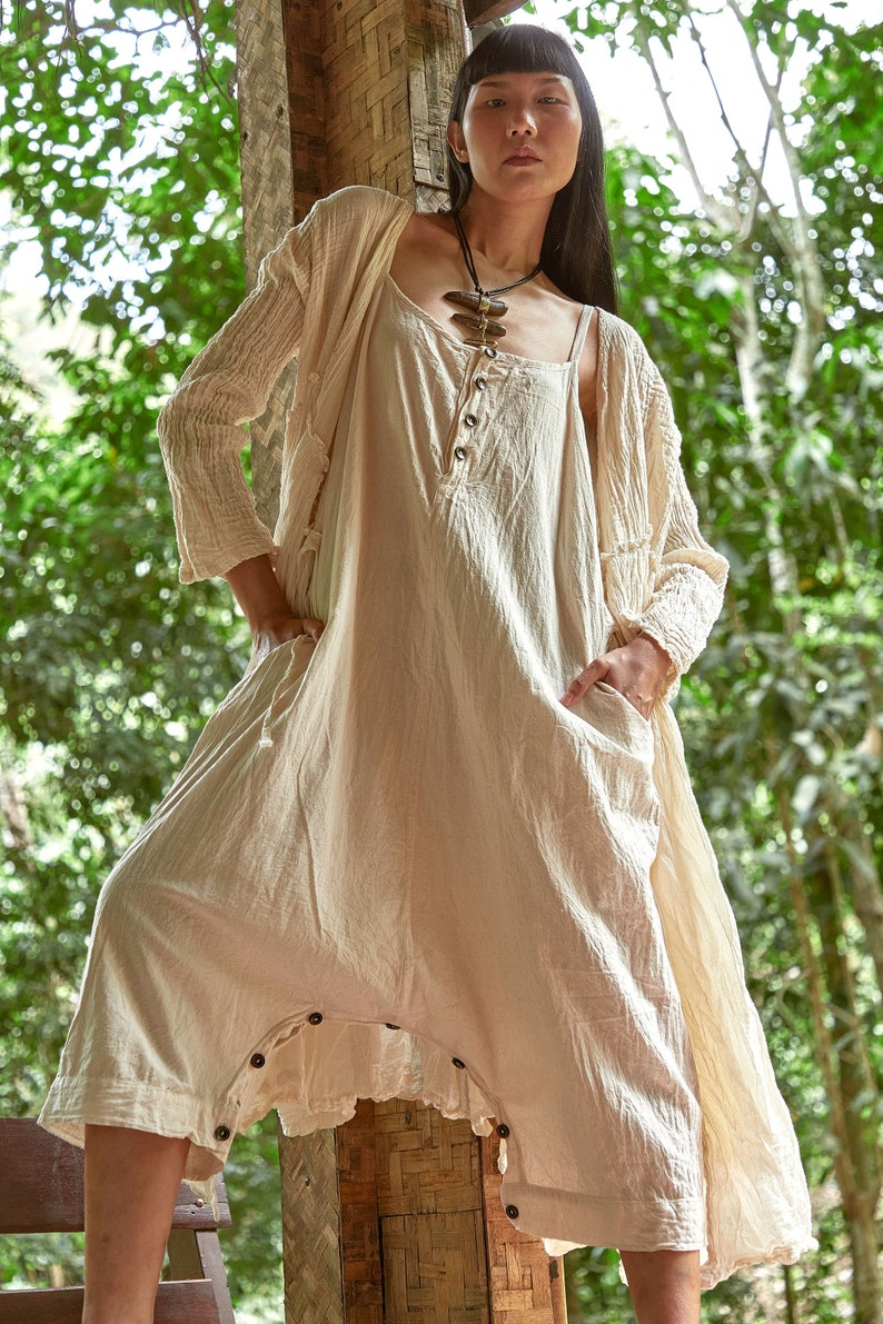 NO.251 Long Sleeve Wrap Dress, Casual Summer Dress, Natural Fiber Flexible Cotton Long Cardigan in Cream image 5