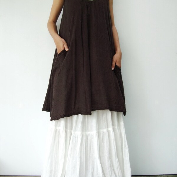 NO.19   Dark Brown Cotton Tunic Top Pleated Front Long Top