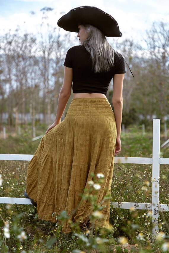 スカート Rohe Skirts NO.305 Women's Smocked Waist Maxi Skirt, Tiered Peasant Maxi