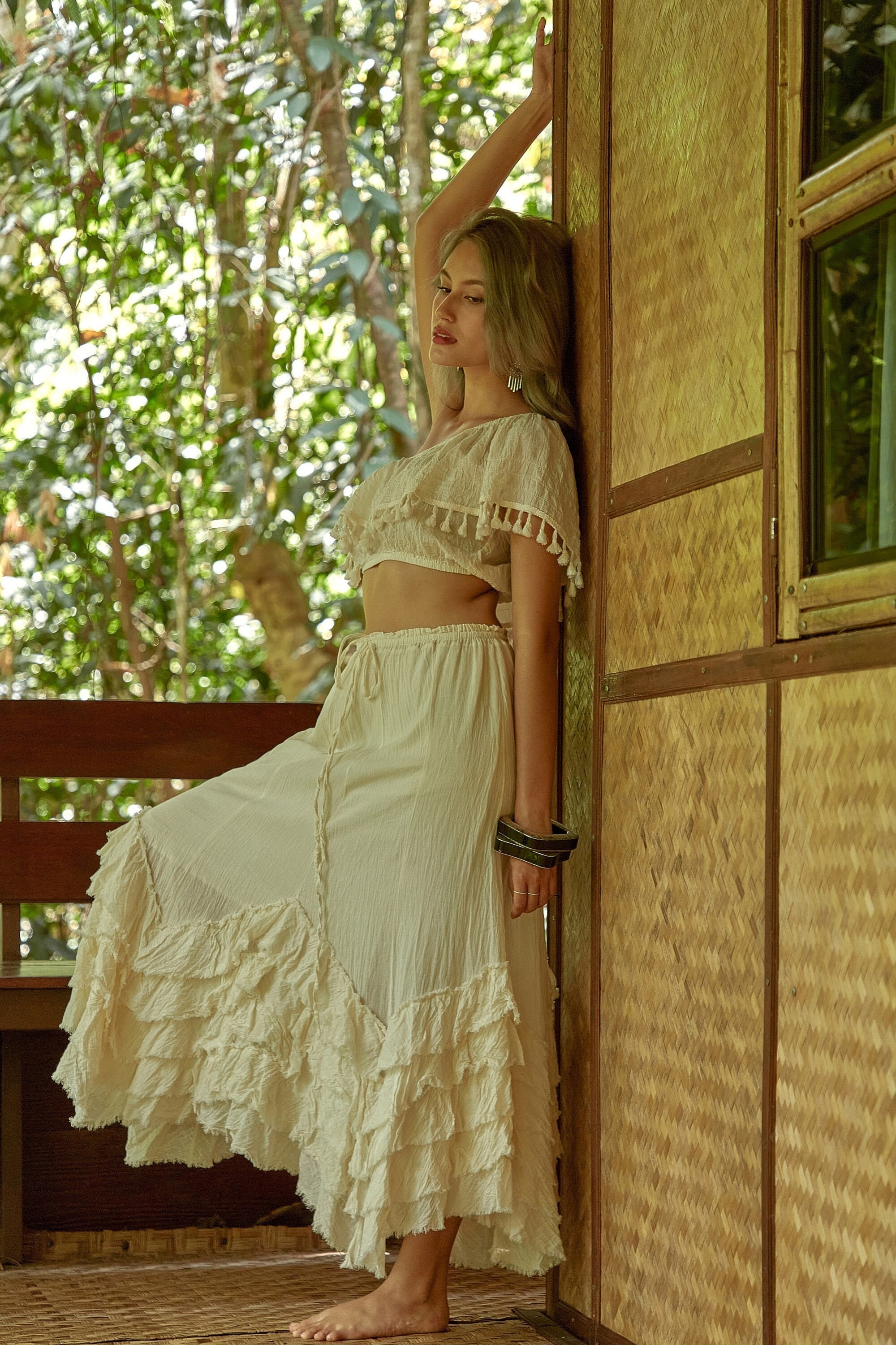 NO.304 Women's Asymmetrical Ruffle Hem Skirt, Cotton A-line Skirt