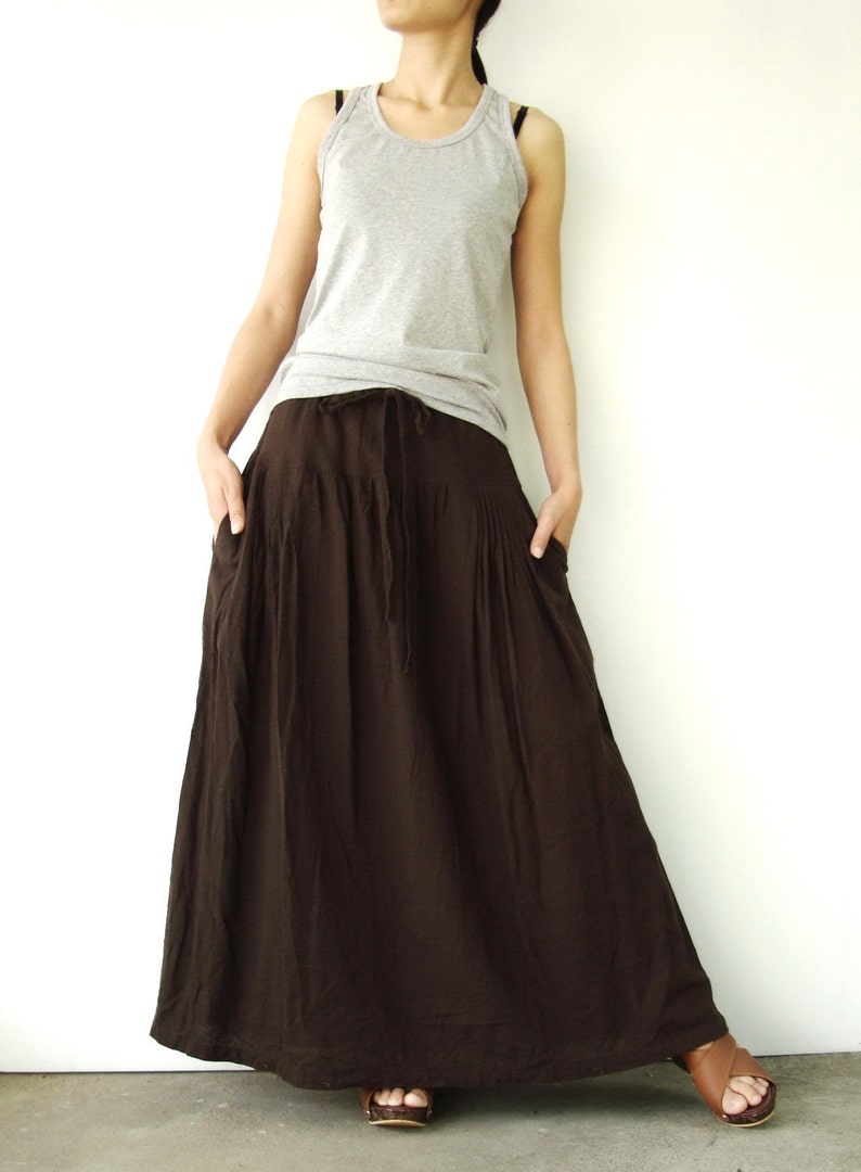 NO.34 Women's Pleated Front Long Maxi Skirt, Comfy Casual Convertible Skirt, A-Line Skirt in Brown image 1