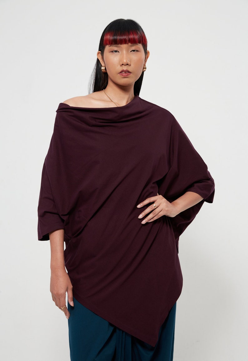 NO.63 Women's Cowl Neck Short Sleeve Top, Minimalist Clothing, Loose Asymmetrical Shirt in Plum image 1