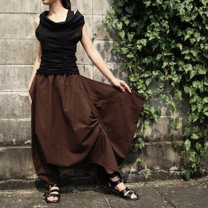 NO.155 Women&#39;s Drawstring Low Crotch Asymmetric Harem Pants, Extravagant Trousers in Brown