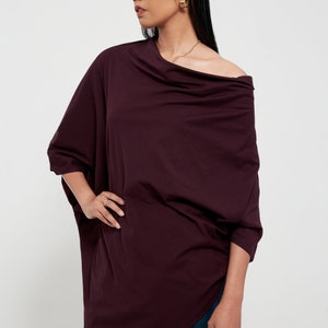 NO.63 Women's Cowl Neck Short Sleeve Top, Minimalist Clothing, Loose Asymmetrical Shirt in Plum image 7