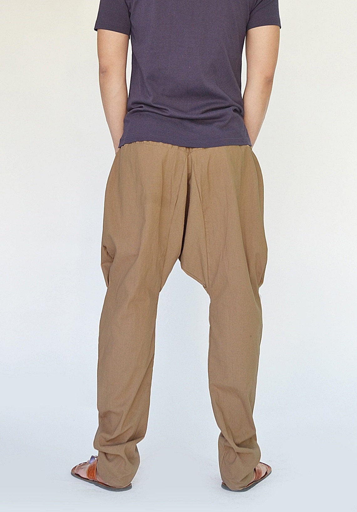 NO.207 Mens Casual Drawstring Drop Crotch Harem Pants camel | Etsy